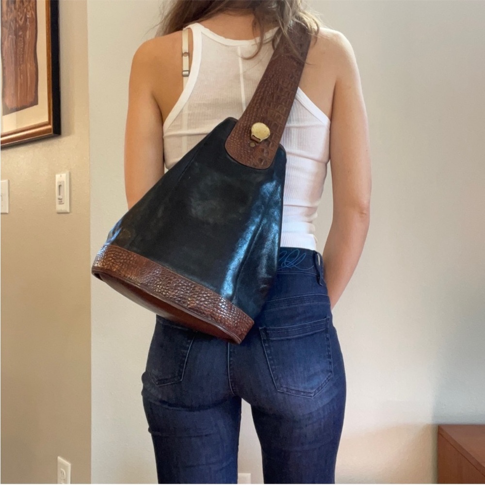 Brahmin Bucket Tuscan Newport Sling Bag Vintage Black Brown Crossbody